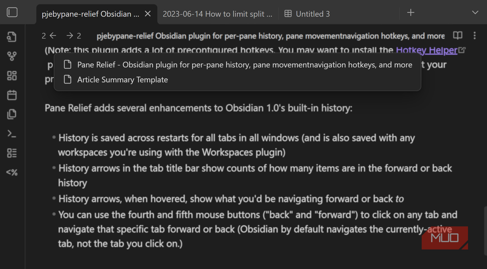 Convinient history navigation using Pane Relief
