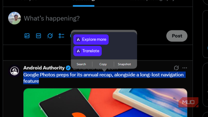 Copy tools with multiple options within floating menu.