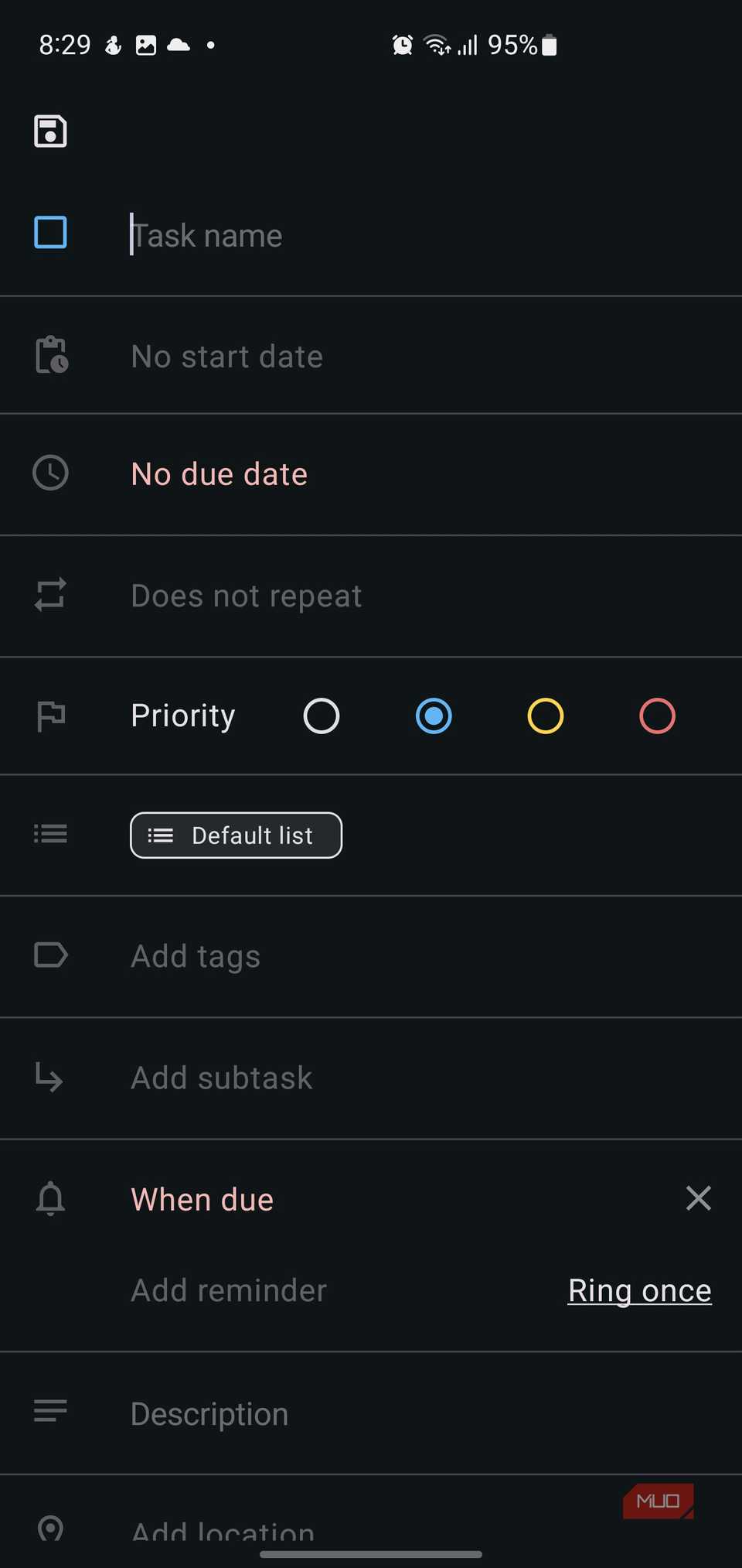 Creating a new task in Tasks.org app.