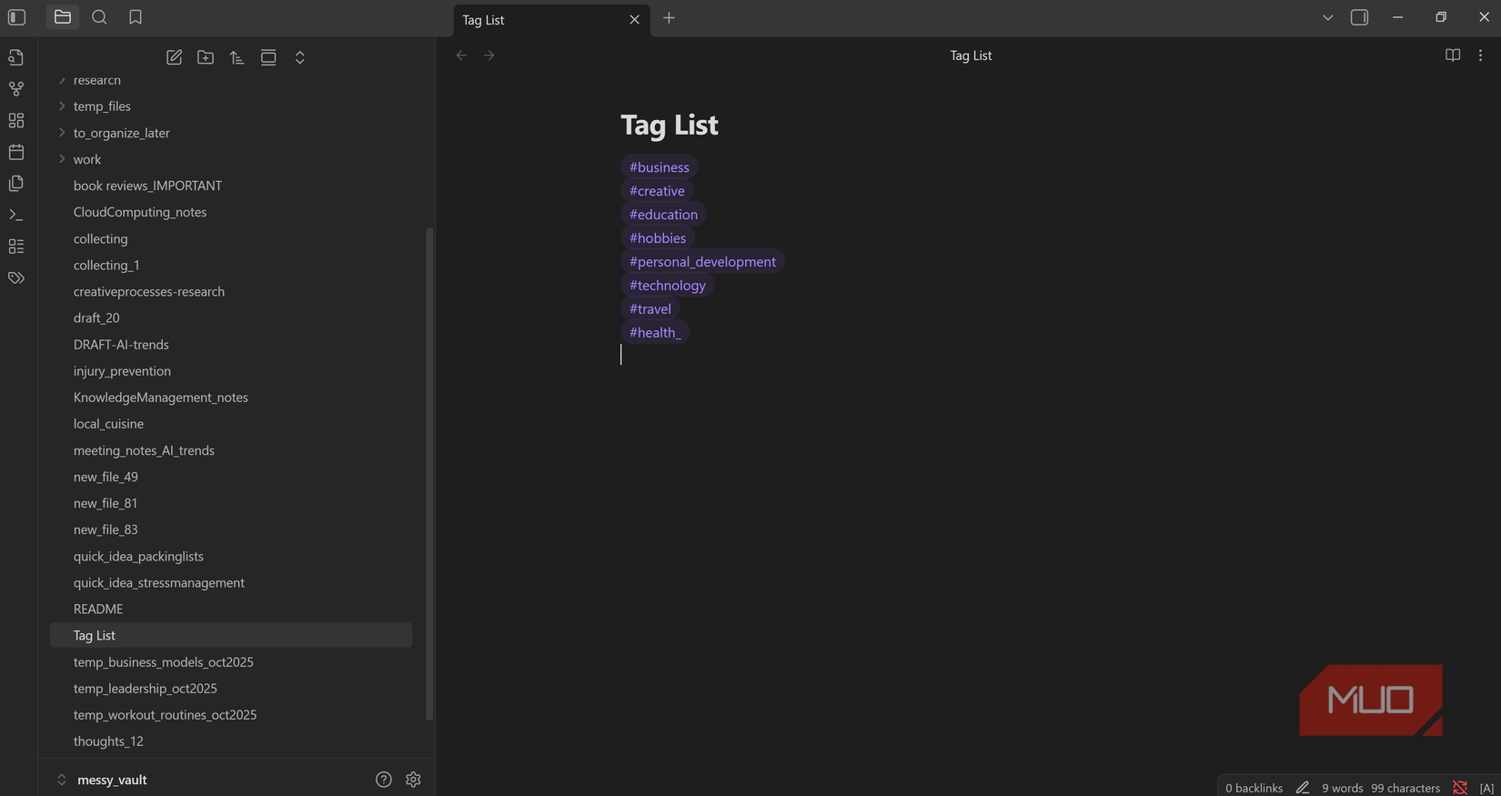 Creating my Tag List note