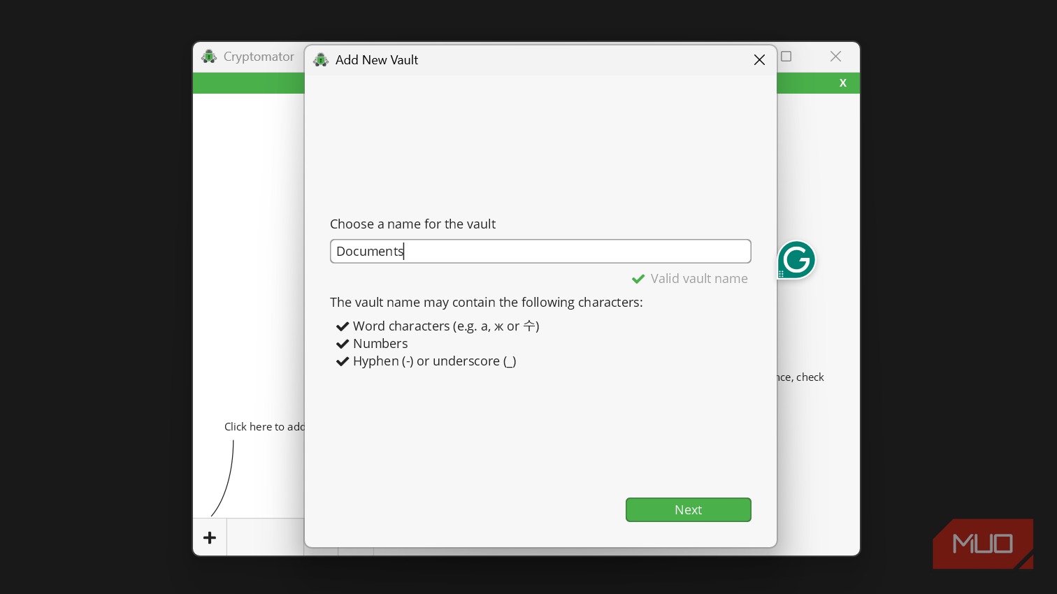 Cryptomator add new vault dialog box.