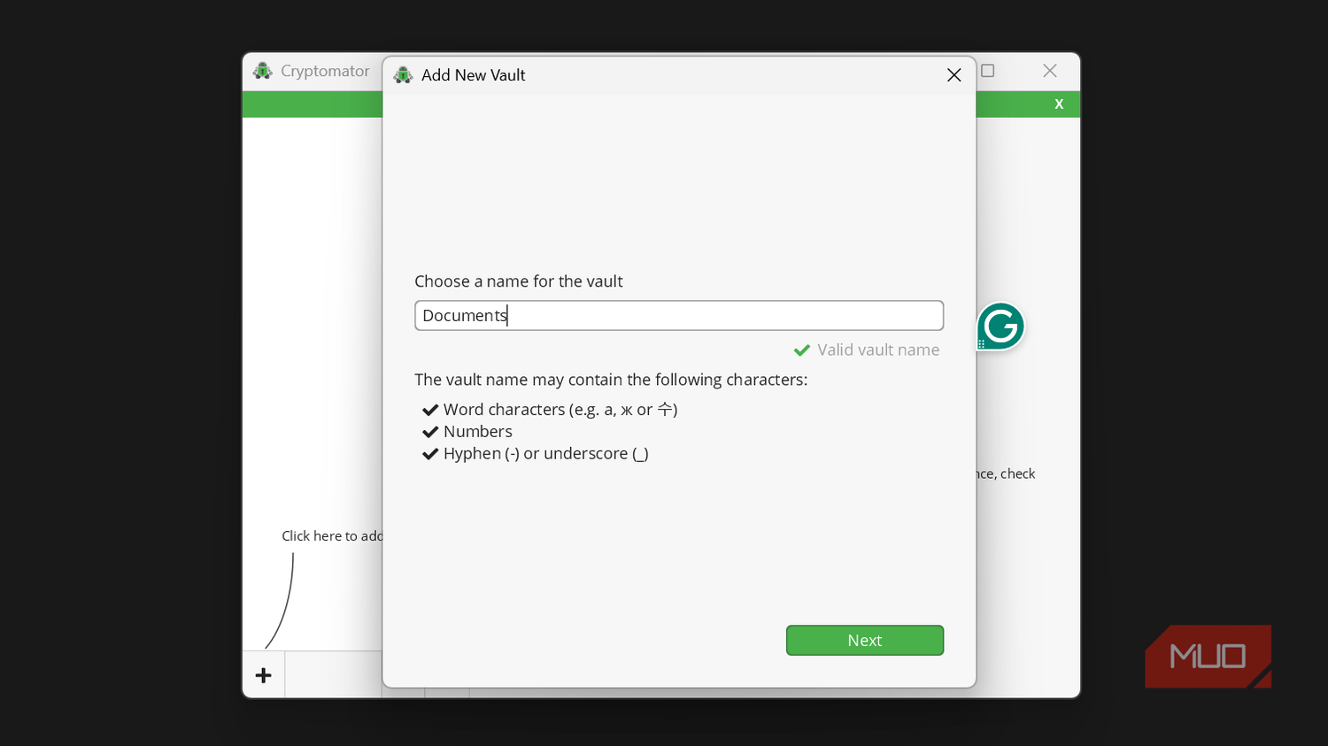 Cryptomator add new vault dialog box.