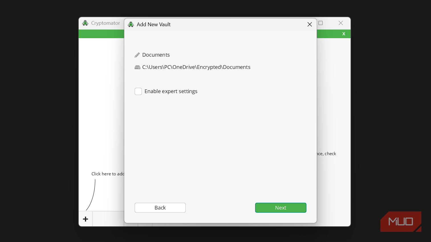 Cryptomator enable expert settings option in add new vault dialog box.