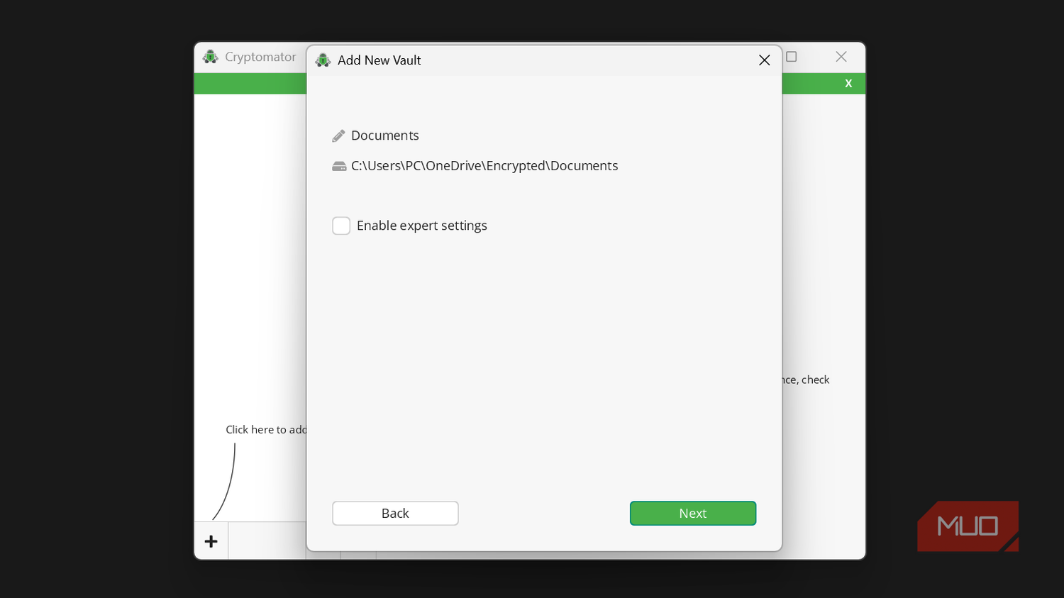 Cryptomator enable expert settings option in add new vault dialog box.