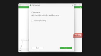 Cryptomator enable expert settings option in add new vault dialog box.