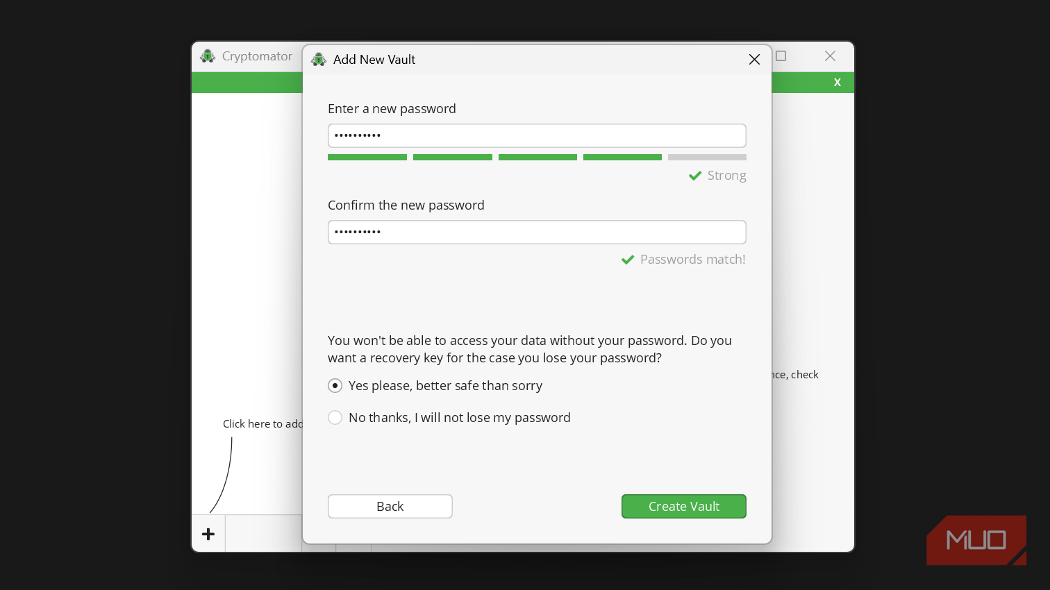 Cryptomator enter new password option in add new vault dialog box.