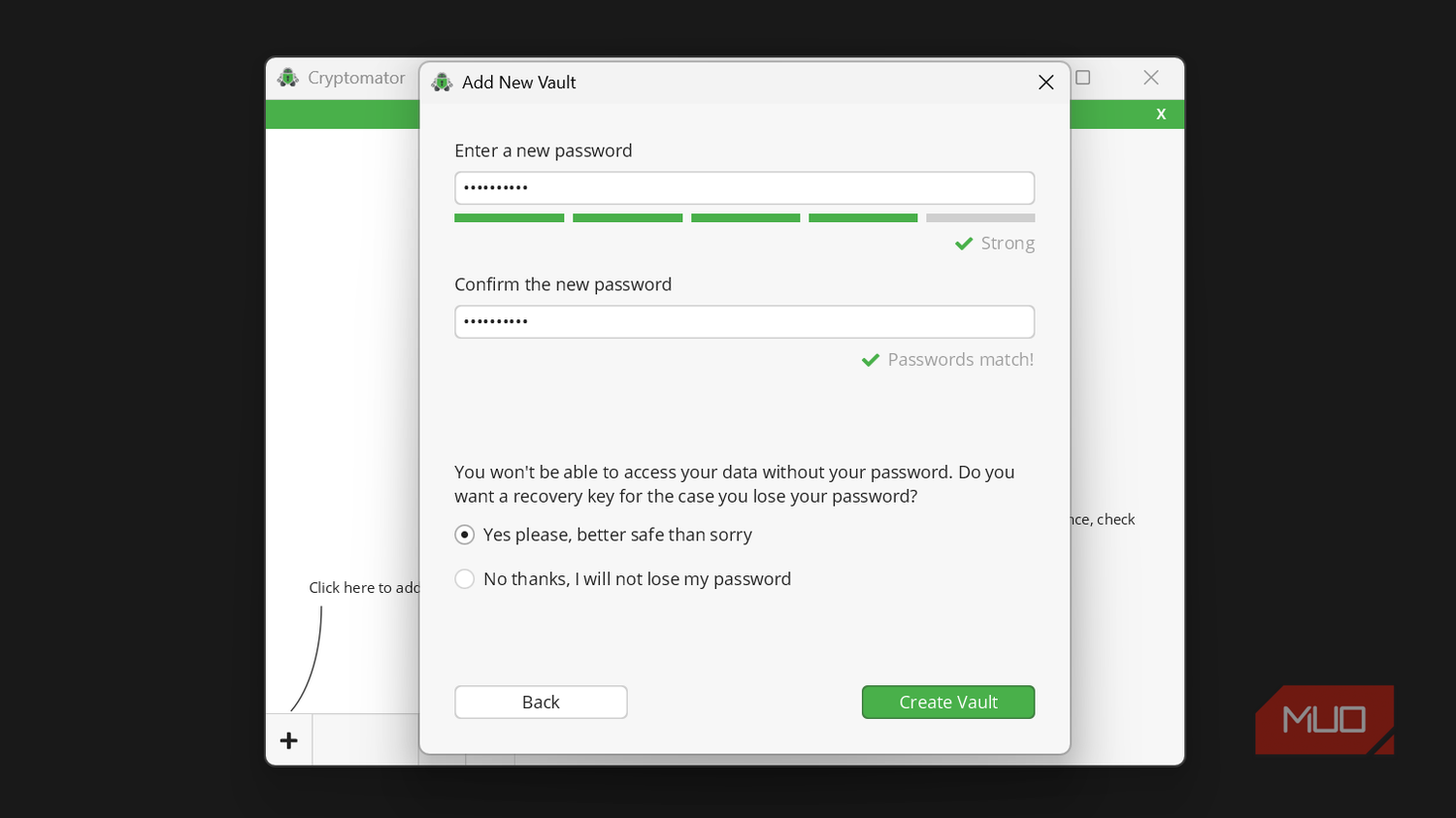 Cryptomator enter new password option in add new vault dialog box.