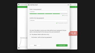 Cryptomator enter new password option in add new vault dialog box.
