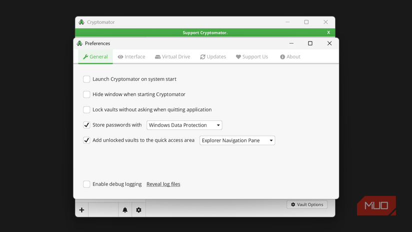 Cryptomator general settings window.