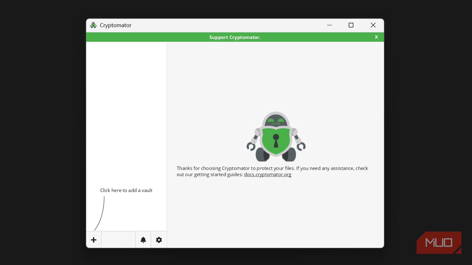 Cryptomator homepage with no vaults.