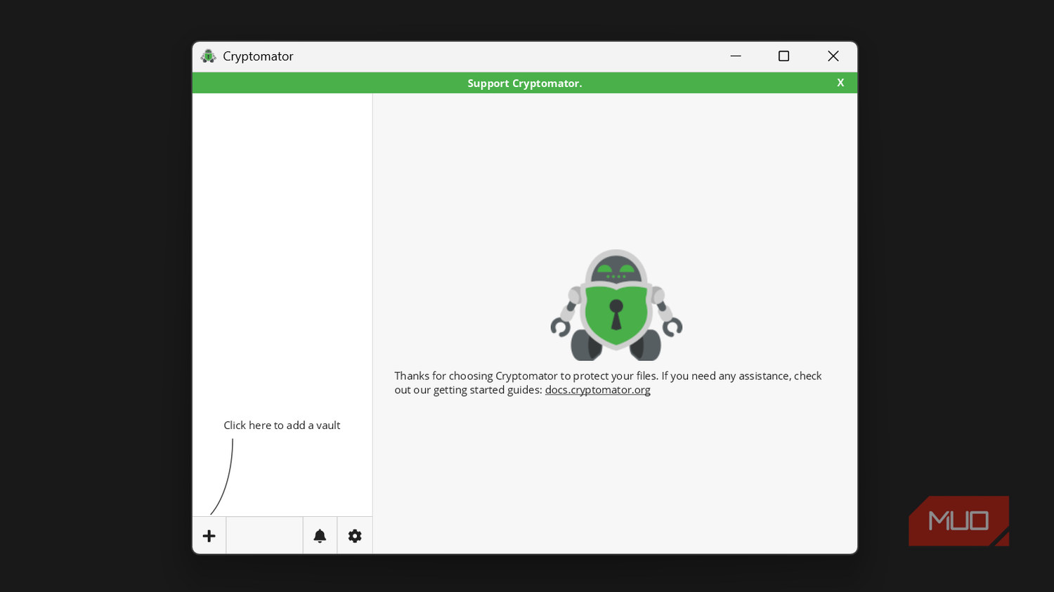 Cryptomator homepage with no vaults.