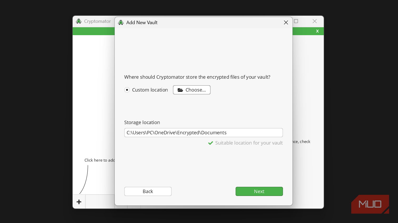 Cryptomator vault storage location dialog box.