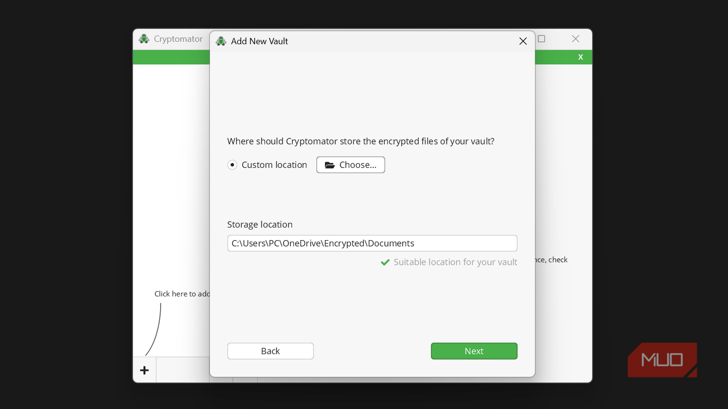 Cryptomator vault storage location dialog box.