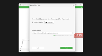 Cryptomator vault storage location dialog box.