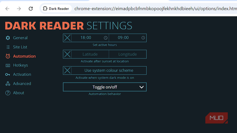 Dark Reader Chrome extension automation settings.