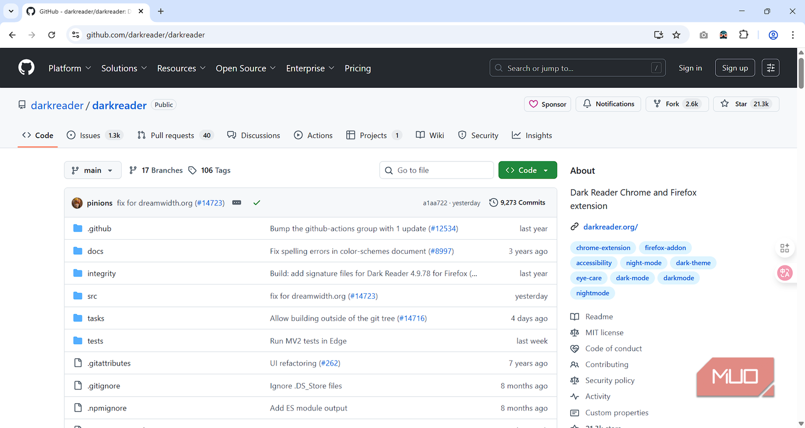 Dark Reader Chrome extension GitHub source code page.
