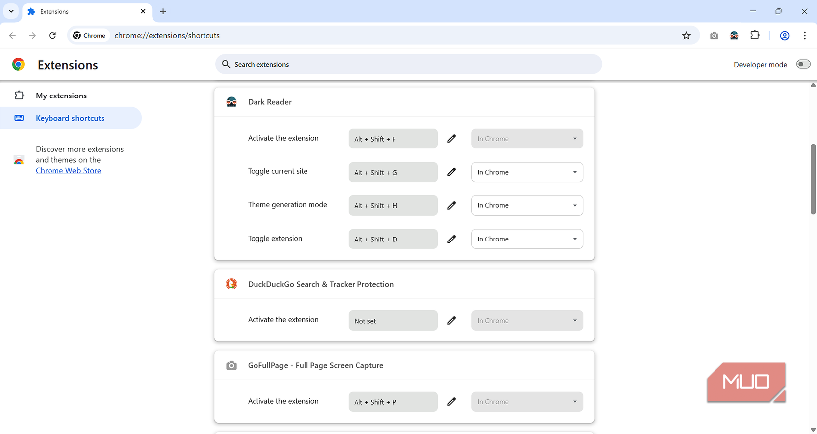 Dark Reader Chrome extension keyboard customization settings within browser.