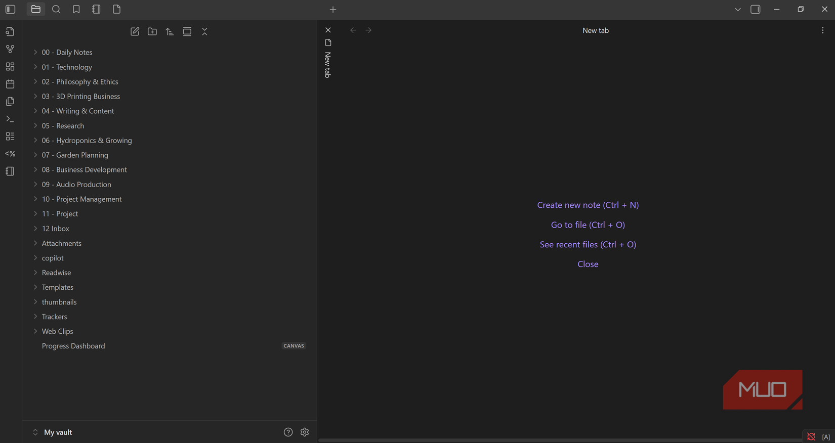 Default note navigation pane in Obsidian