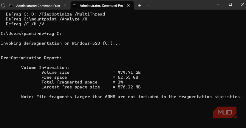 Defrag command on Windows