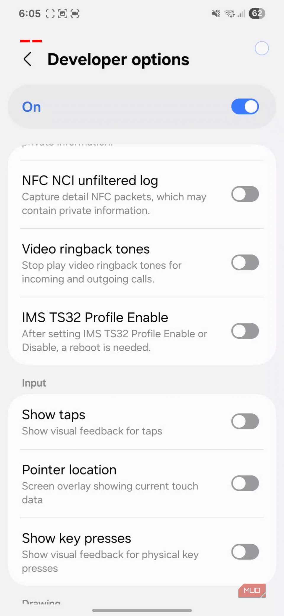 Developer options menu on Android phone