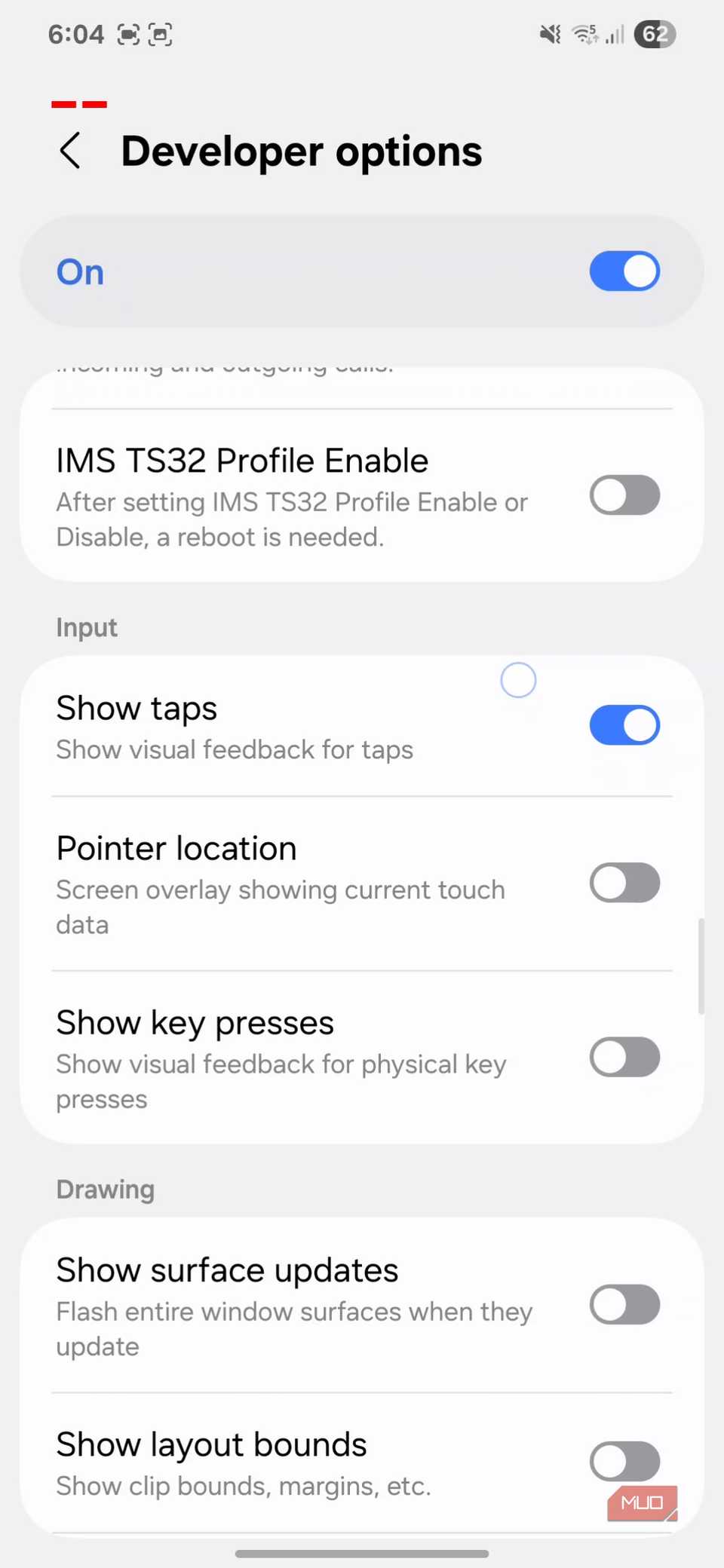 Developer options menu showing tap