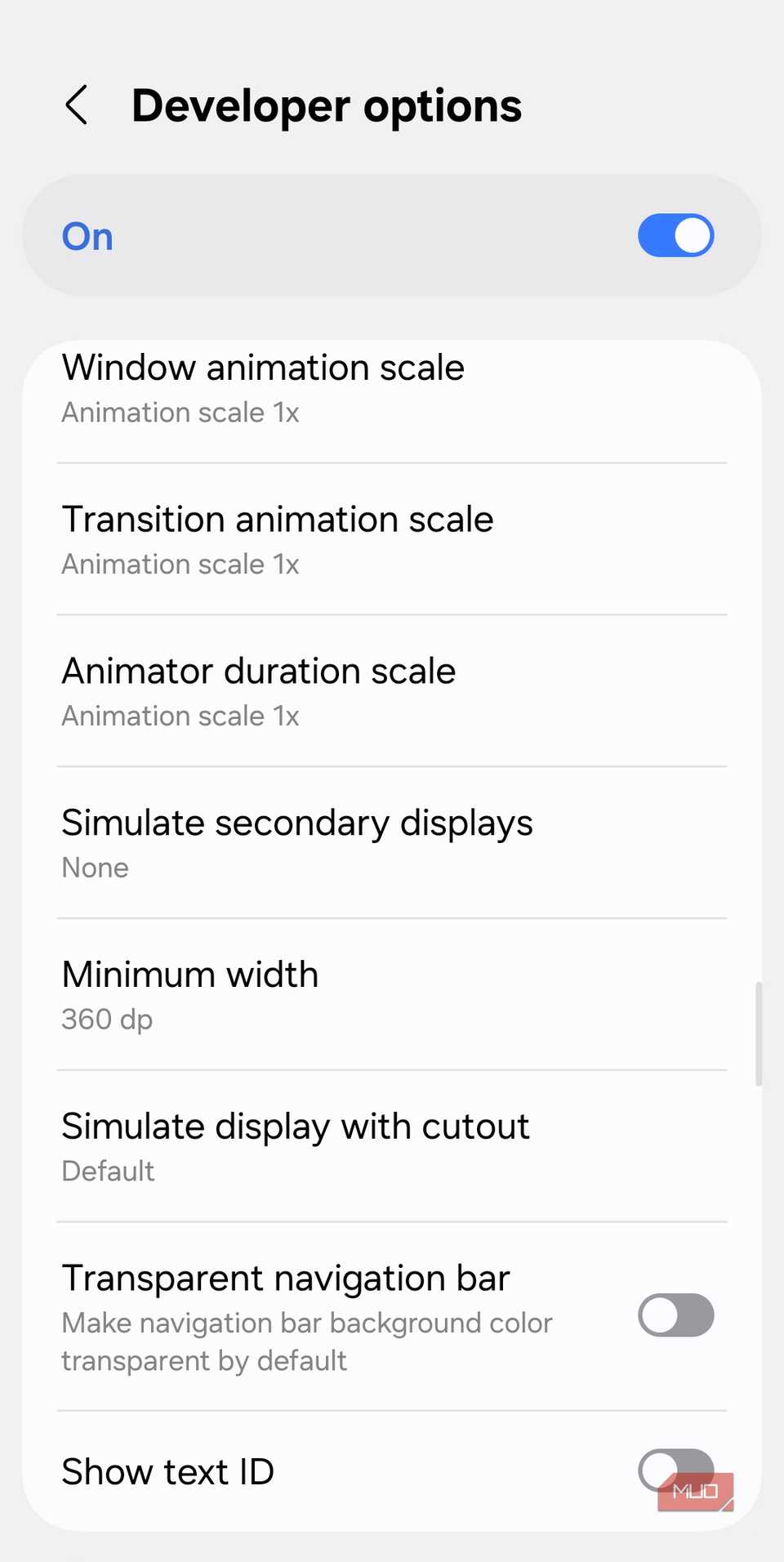 Developer options showing animation scale menu