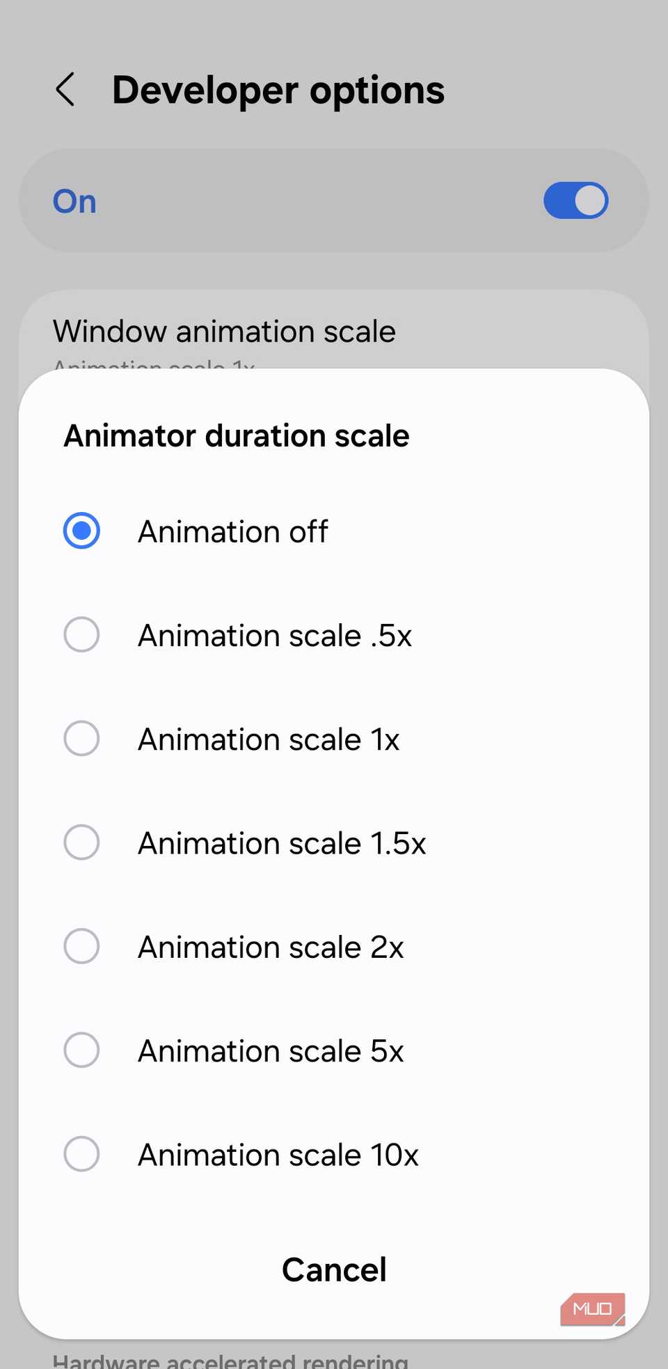 Developer options showing animation scale options