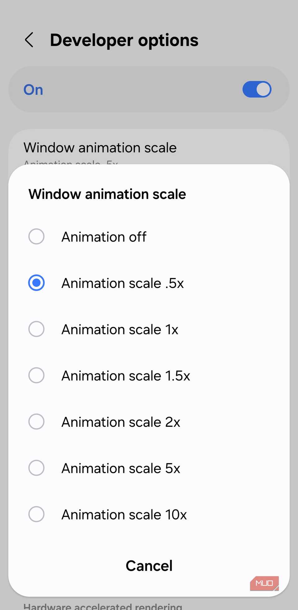 Developer options showing window animation scale menu