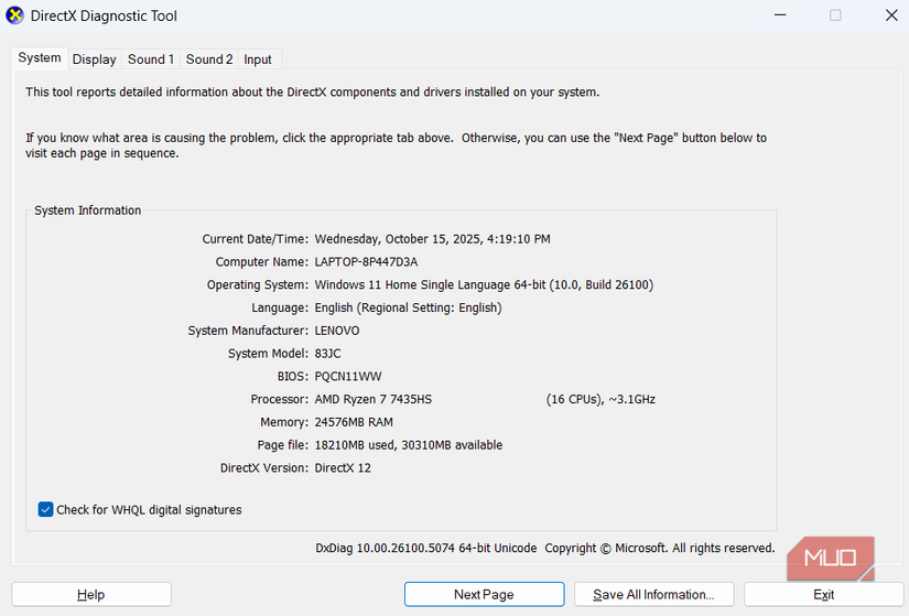 DirectX Diagnostics tool