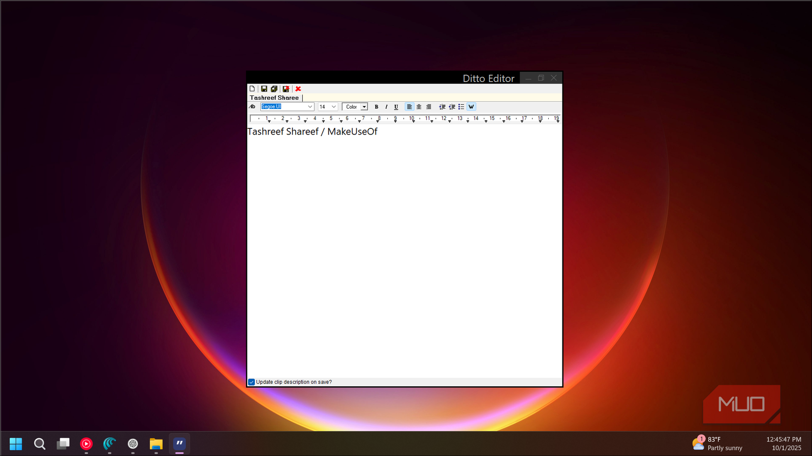 Ditto clipboard editor open on a Windows 11 desktop