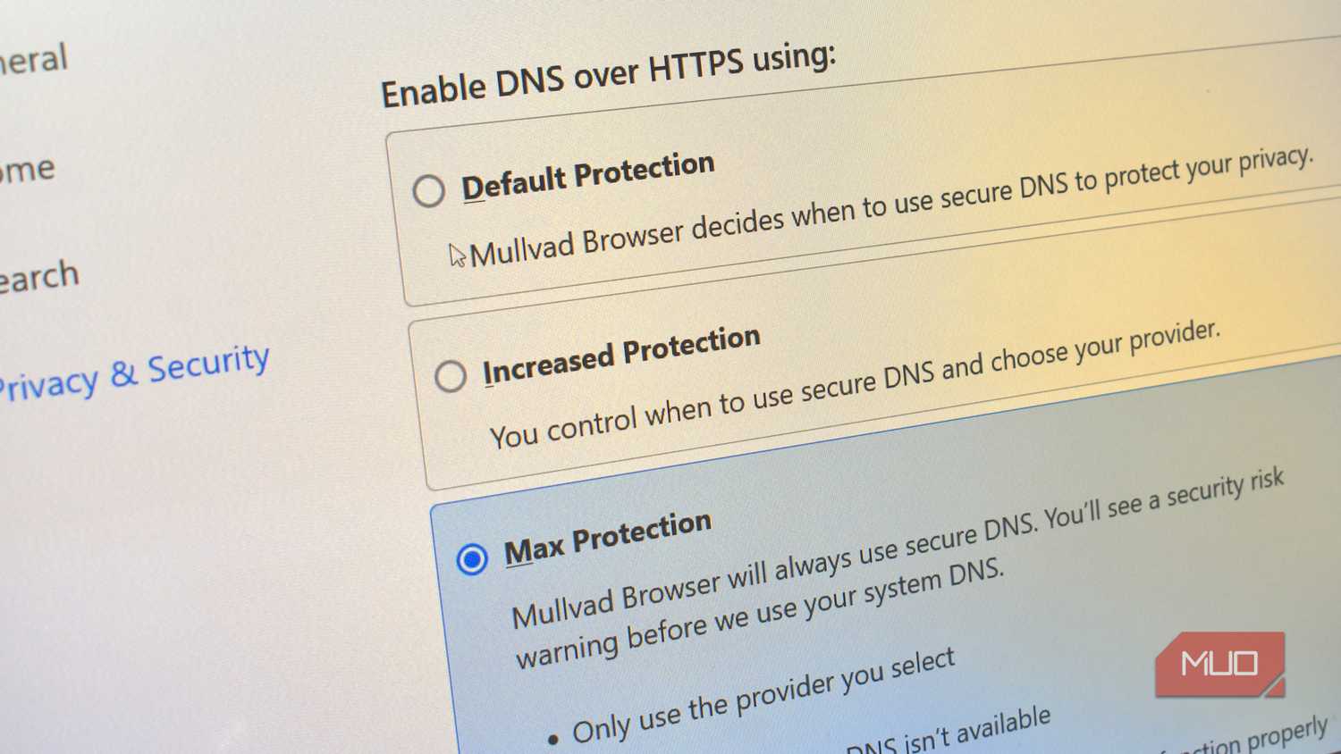dns encryption options in mullvad browser close up computer screen.