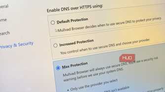 dns encryption options in mullvad browser close up computer screen.
