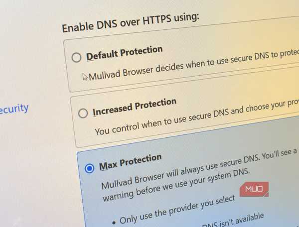 dns encryption options in mullvad browser close up computer screen.