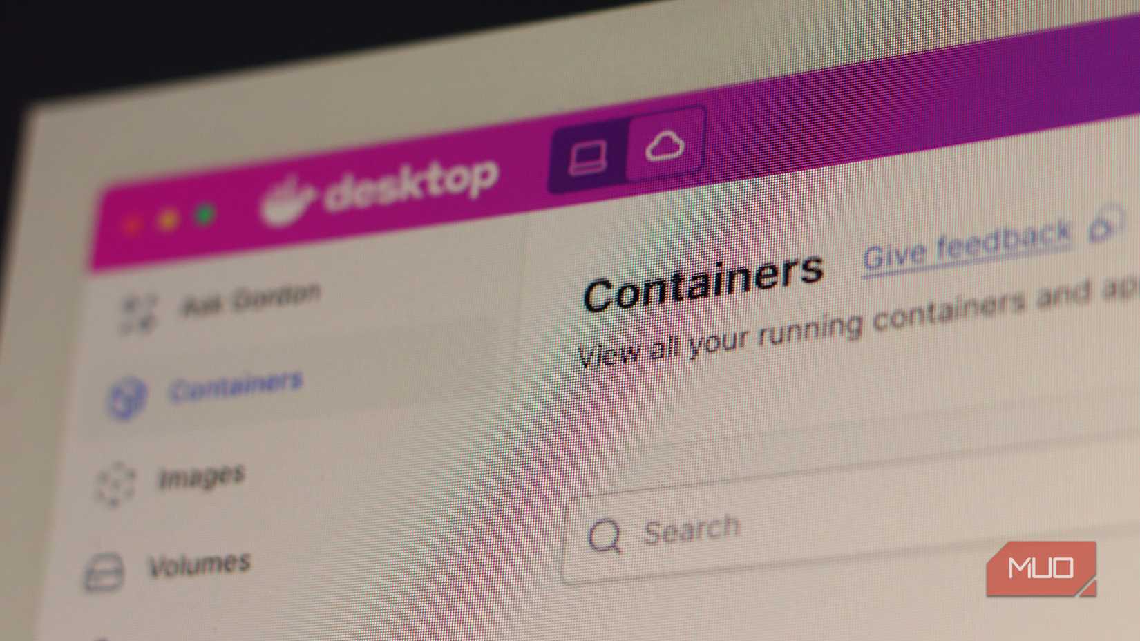 Docker desktop app showing containers menu. 