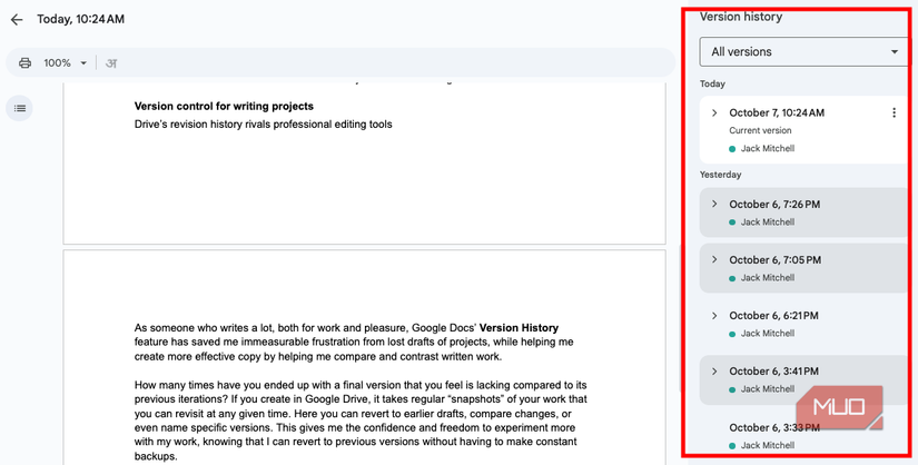 Google Docs version history feature.