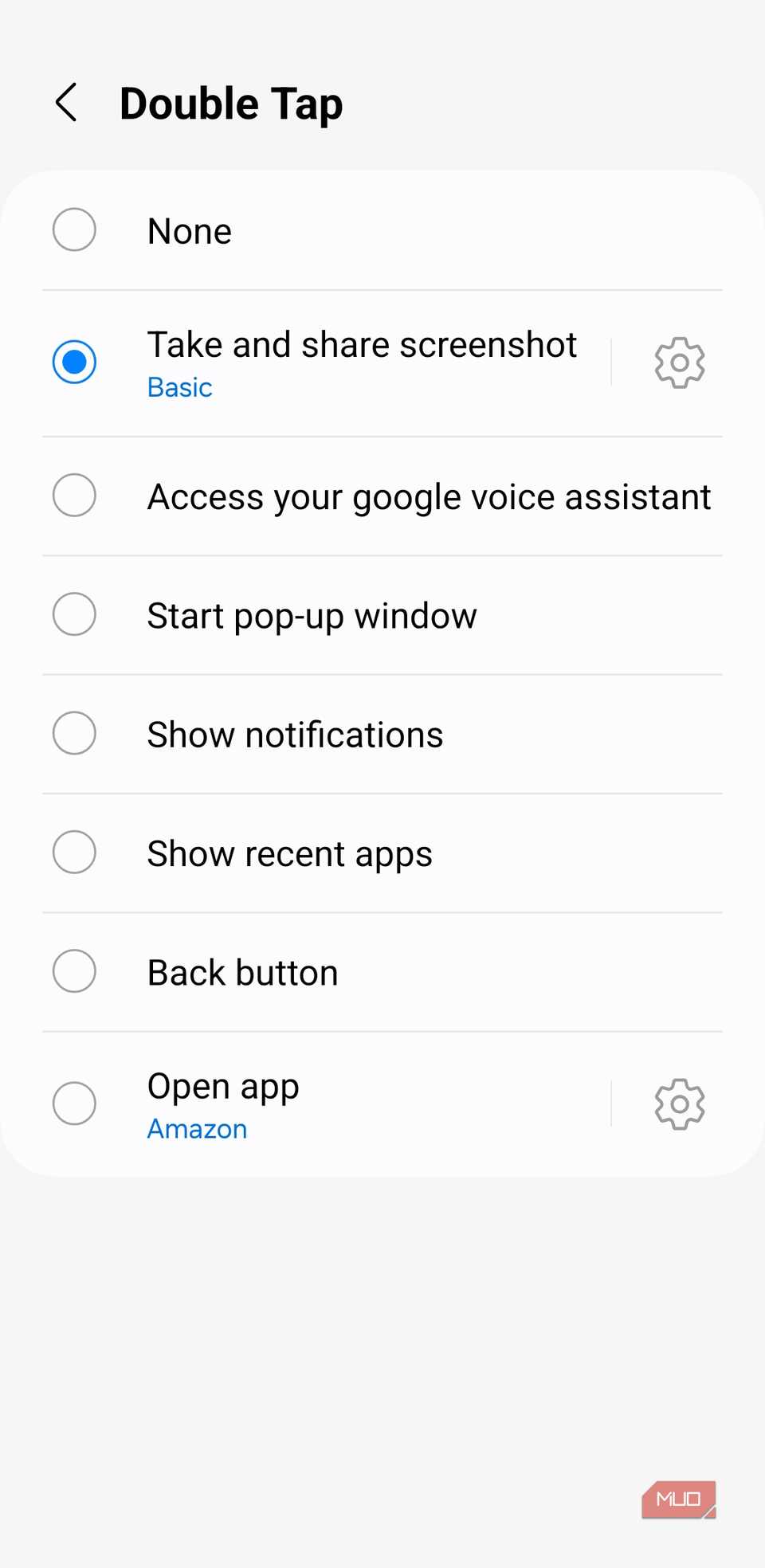 Double Back Tap action menu on Samsung phone