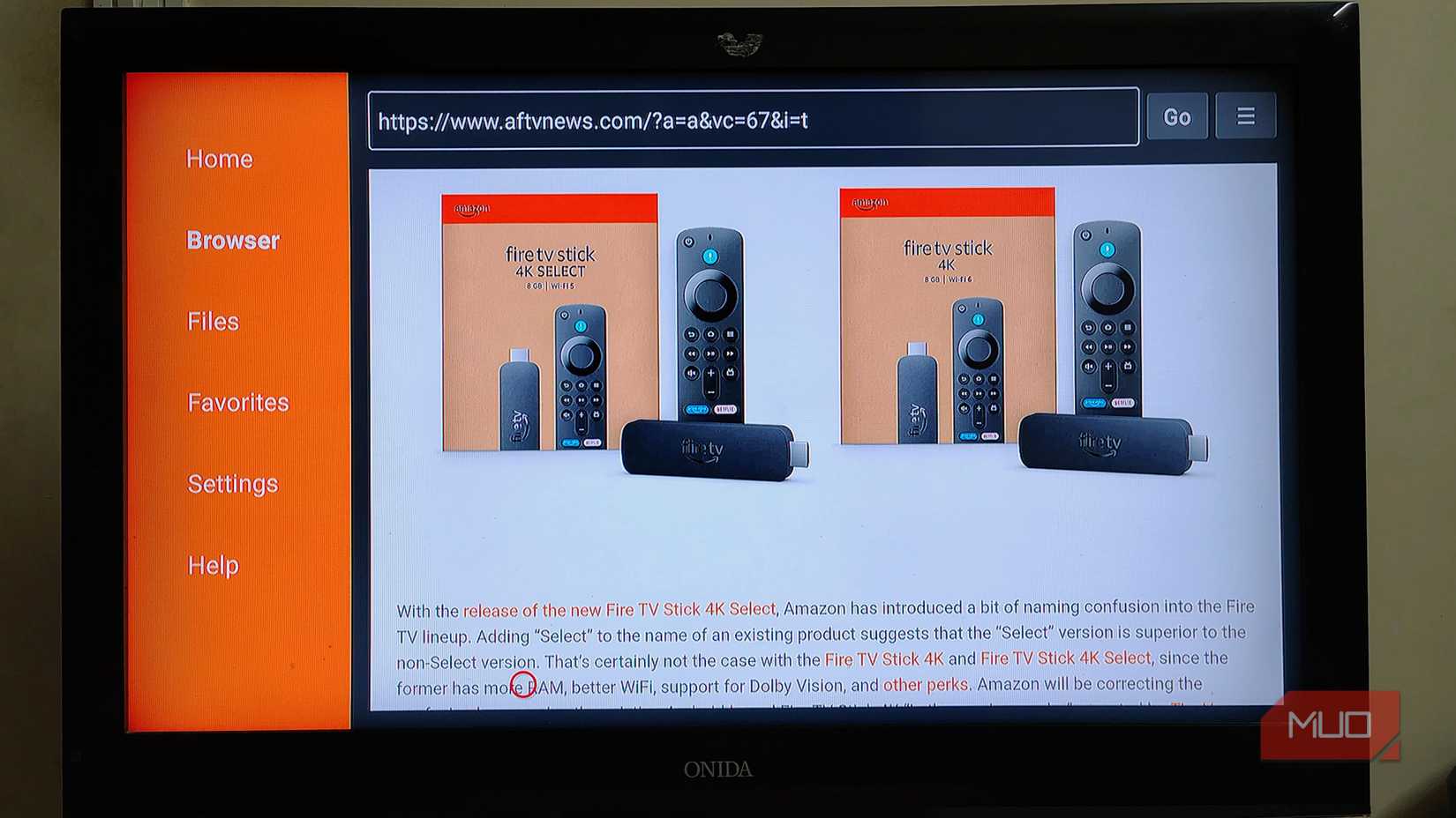 Downloader browser with default webpage loaded on Amazon Fire TV Stick.