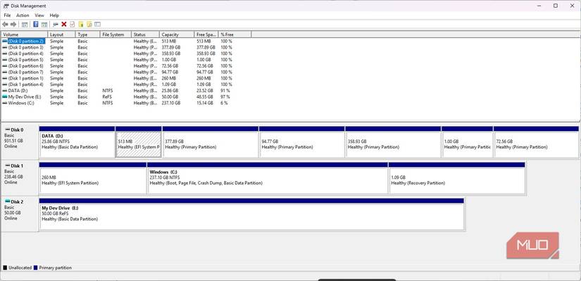 Drive partitions showing my Dev Drive on Windows 11
