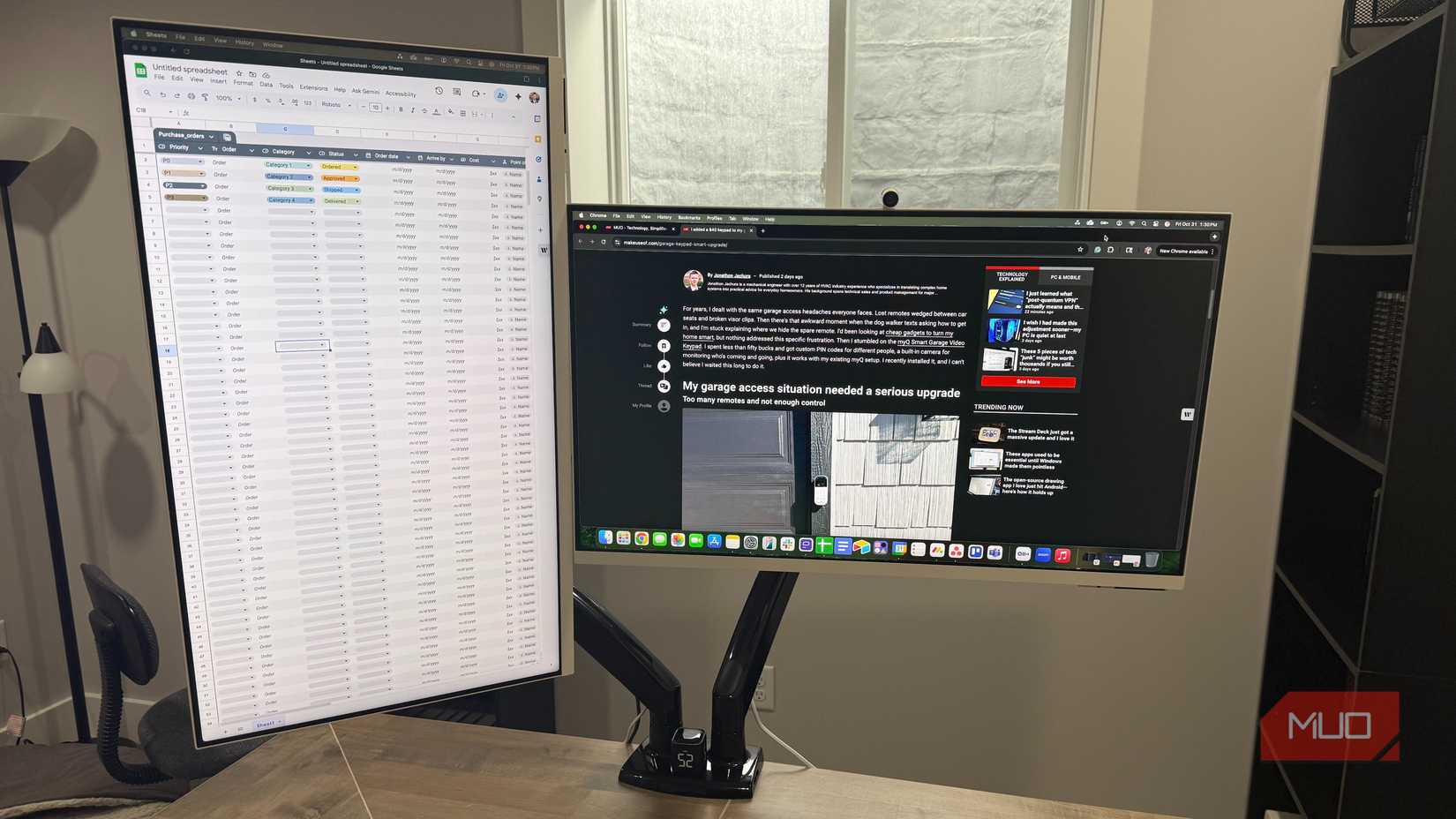 dual monitor mount with monitors in landscape and portrait modes