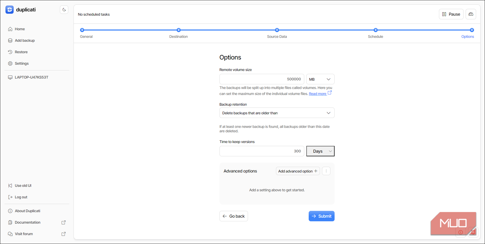 Duplicati backup advanced options