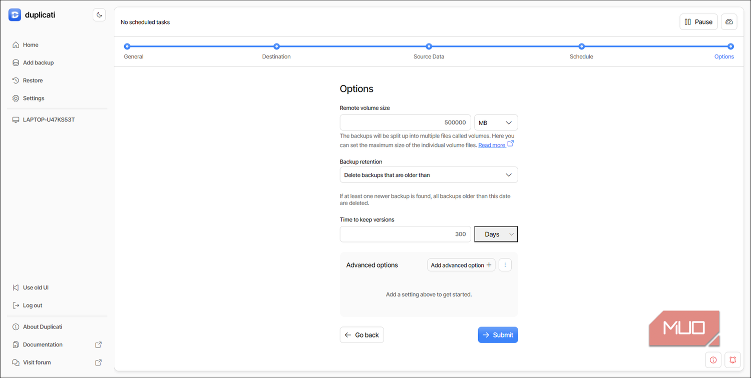 Duplicati backup advanced options
