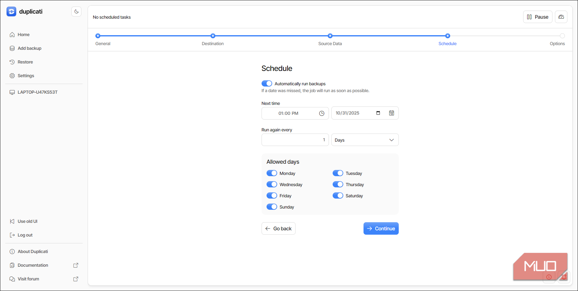 Duplicati Schedule settings