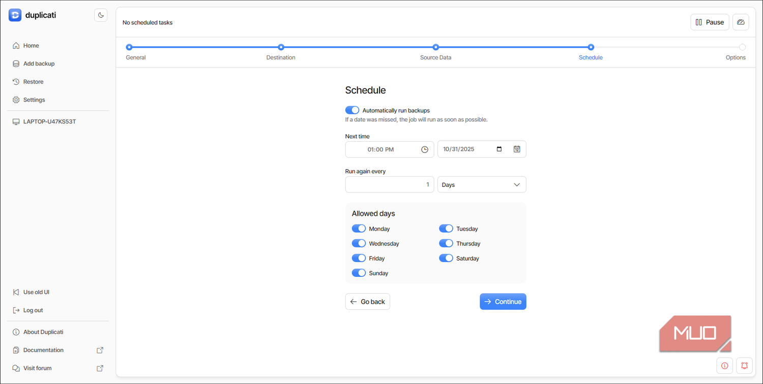 Duplicati Schedule settings