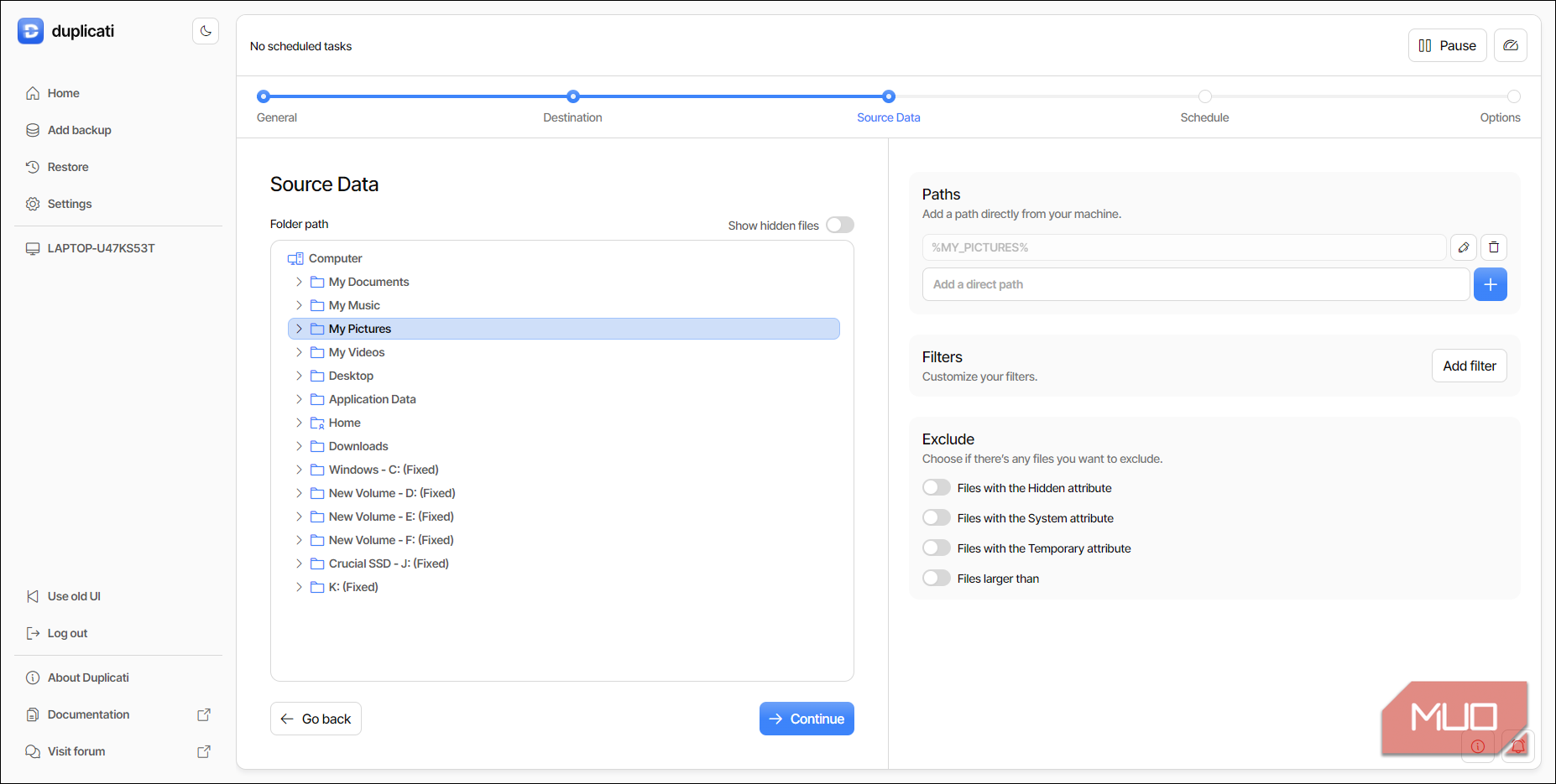 Duplicati Source data selection screenshot