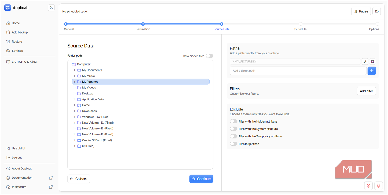 Duplicati Source data selection screenshot