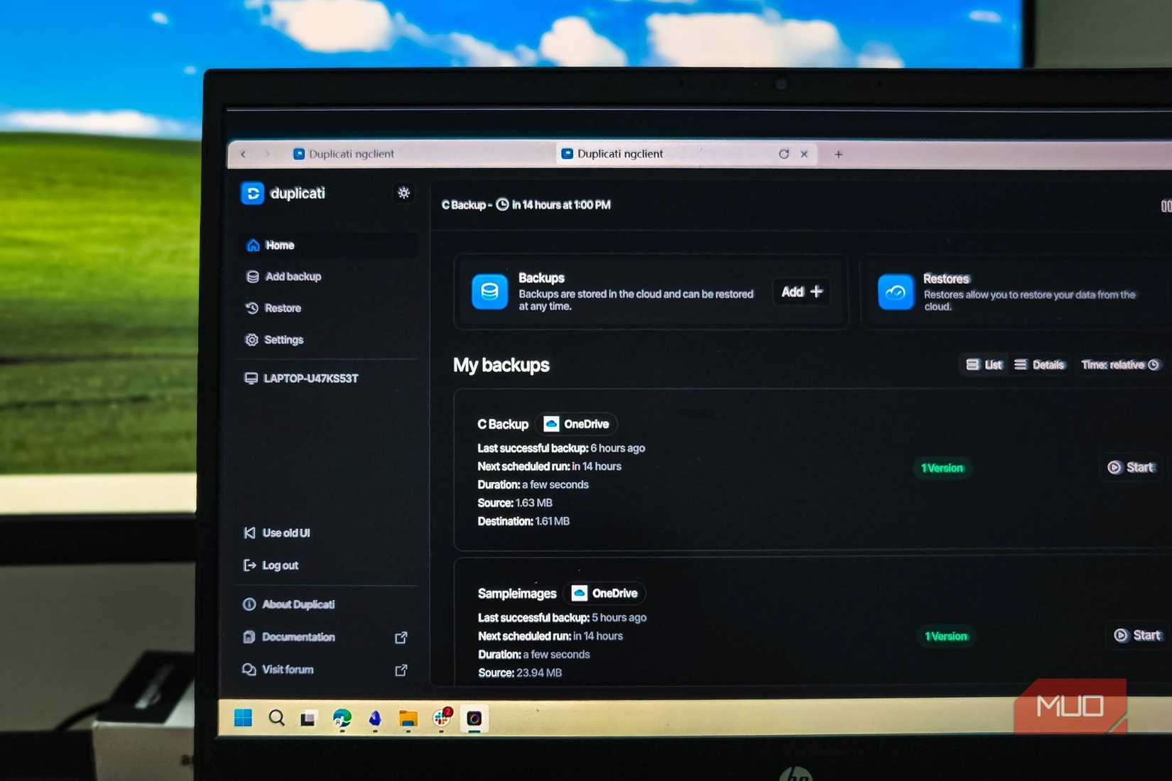 Duplicati web interface open on a HP laptop