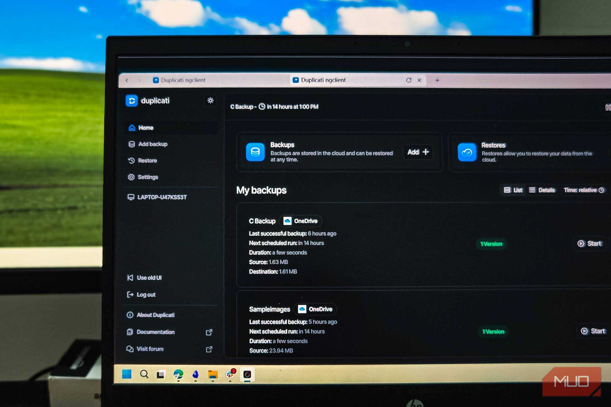 Duplicati web interface open on a HP laptop