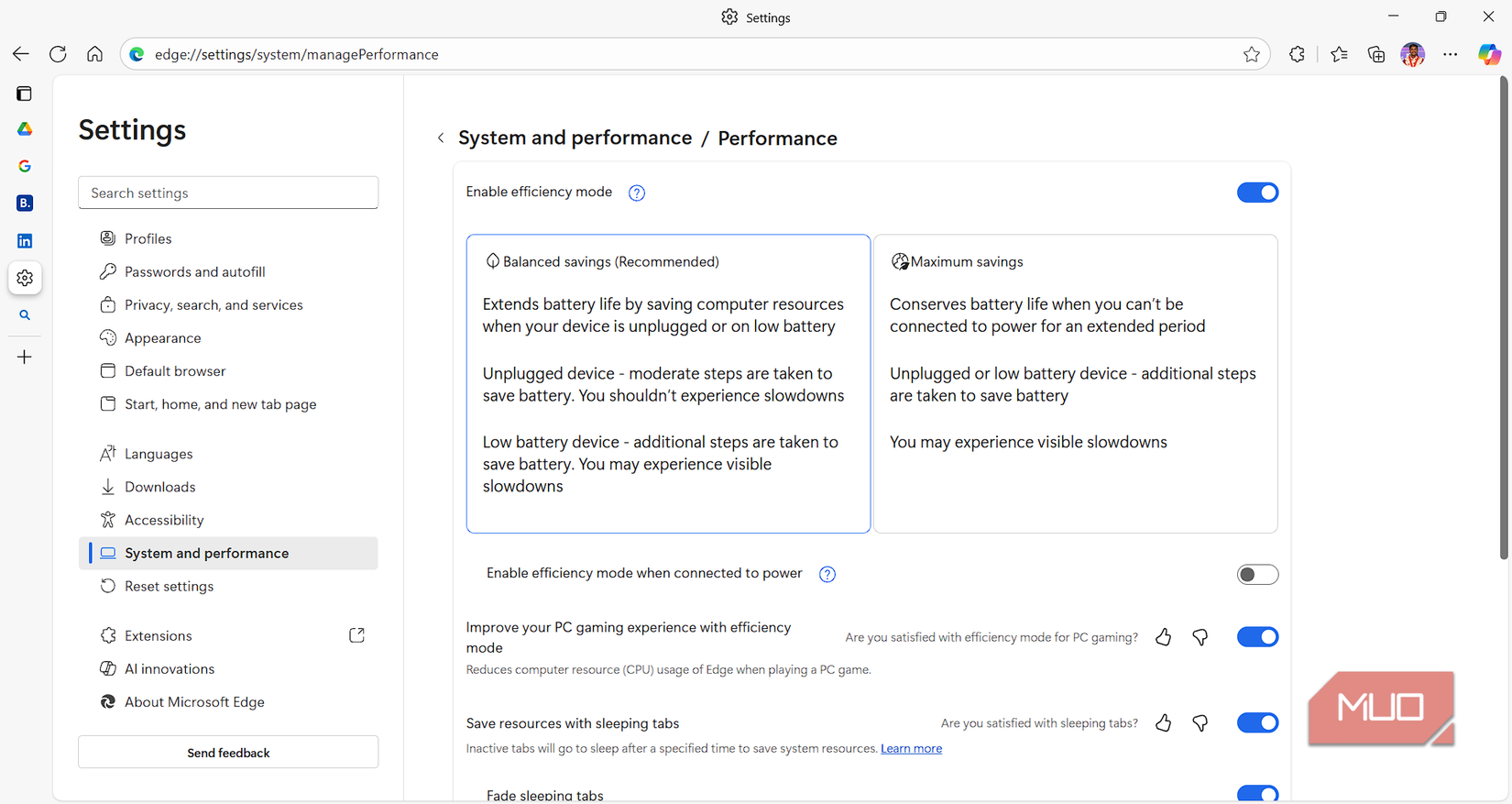 Efficiency mode settings in Edge browser.