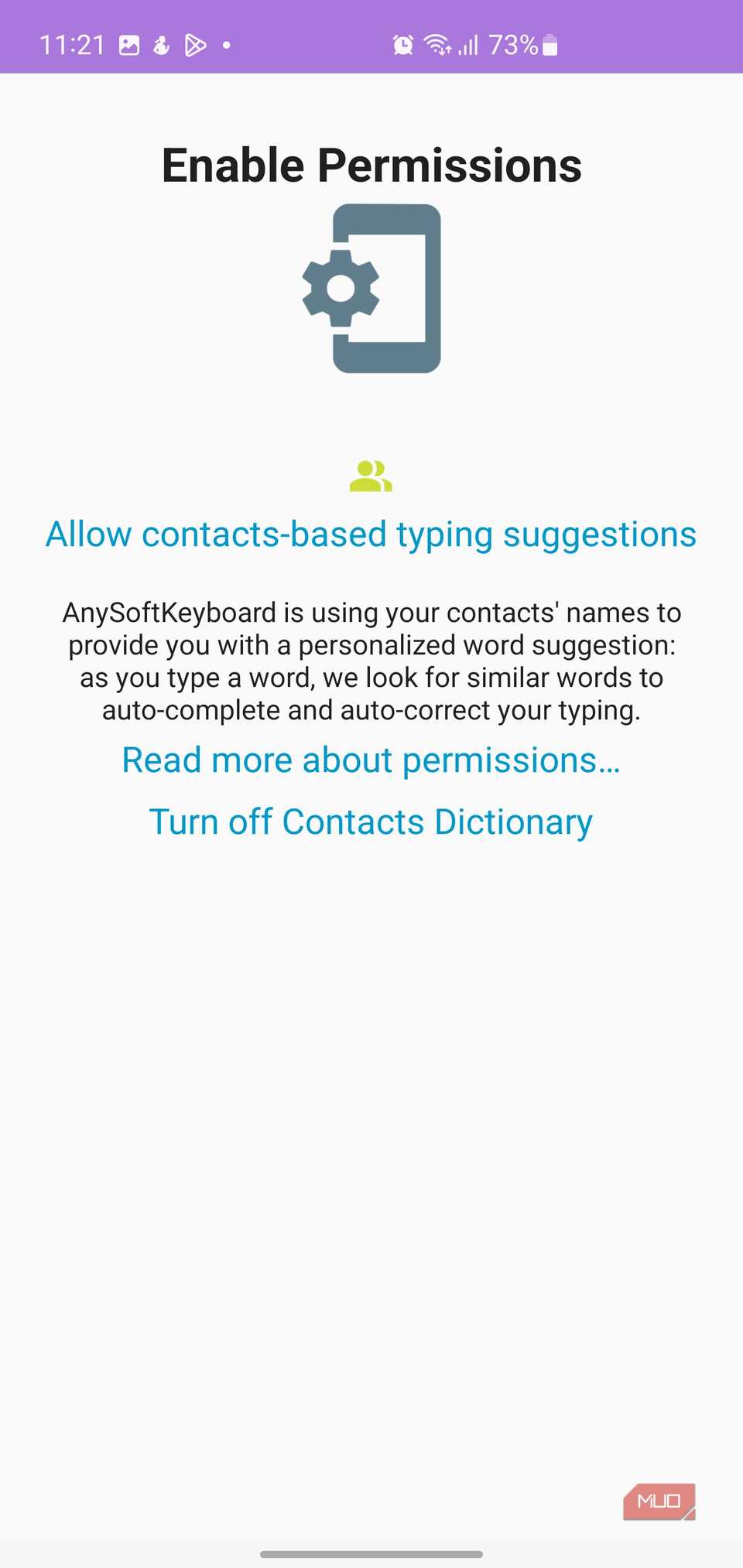 Enable Permissions screen for AnySoftKeyboard's contacts-based typing suggestions.