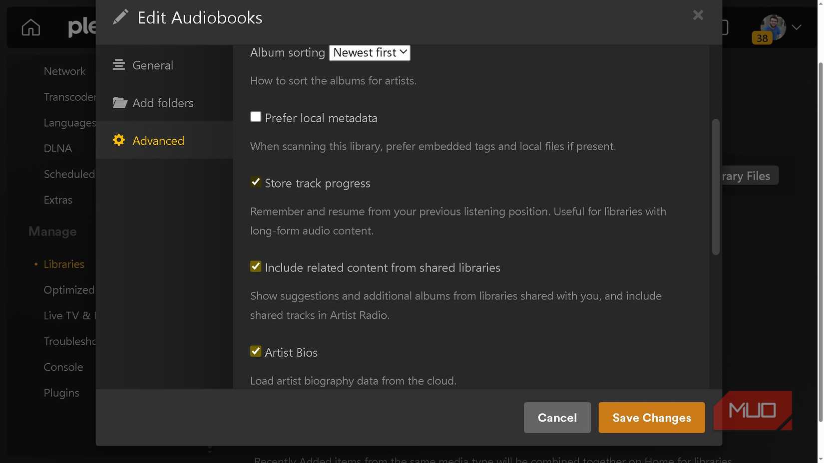 Enabling storing track progress for libraries in Plex's settings.